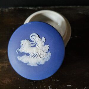 Antique Wedgwood Jasperware Round Trinket Box Horse & Chariot Motif Cobalt Blue